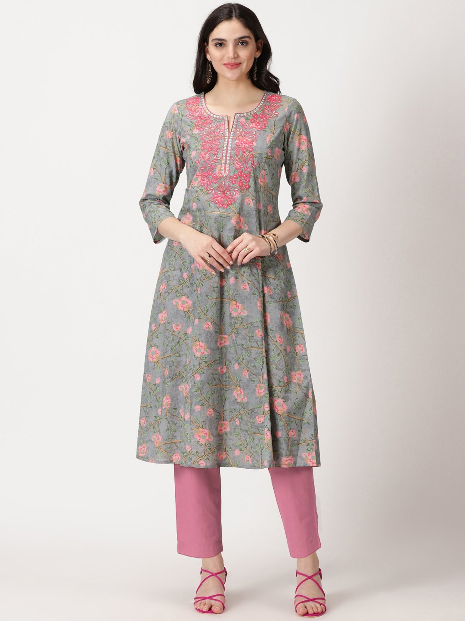 Saffron Threads Grey Embroidered A Line Kurta