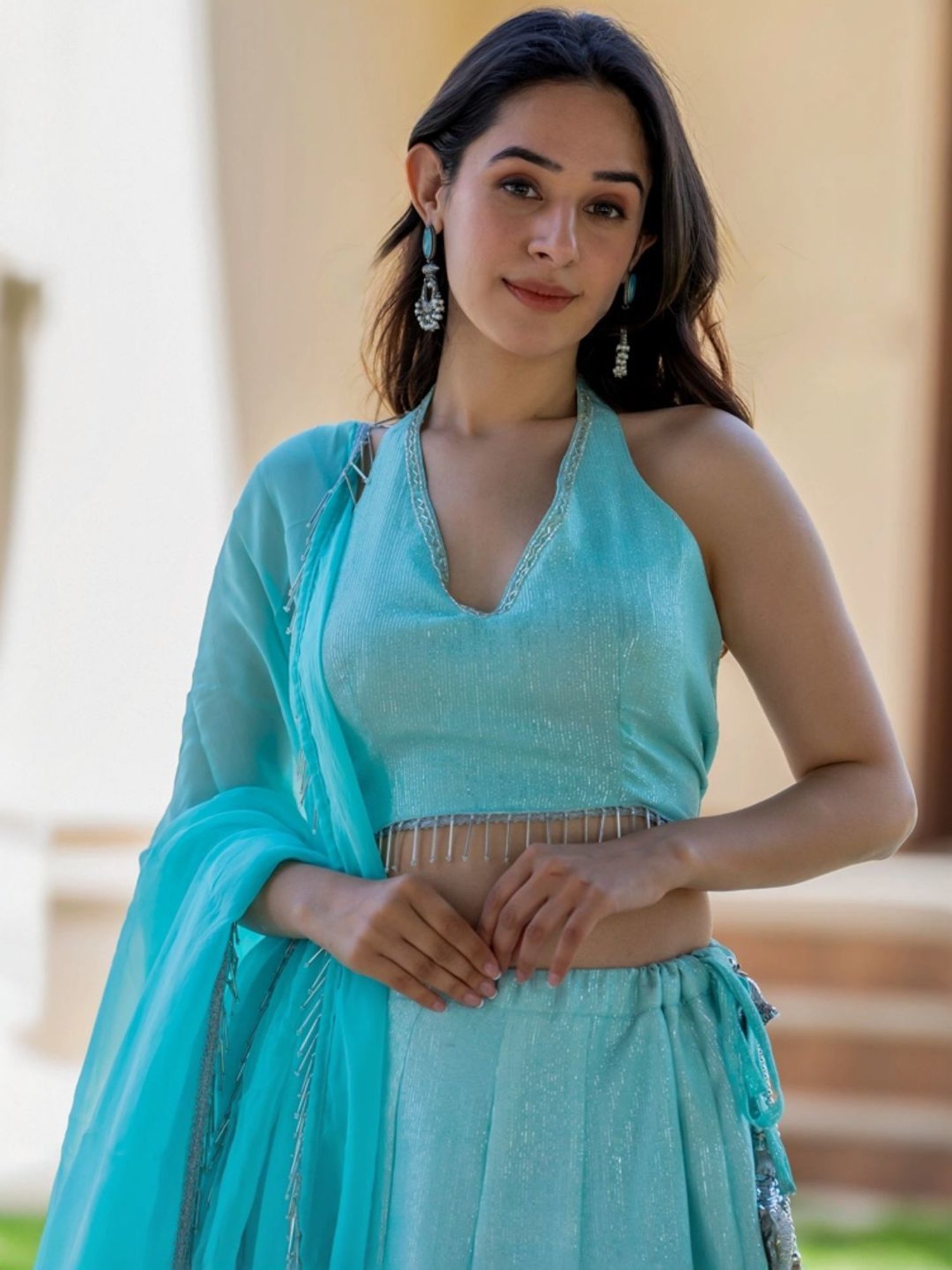 HOUSE OF JAMOTI Turquoise Embellished Lehenga Choli Set With Dupatta