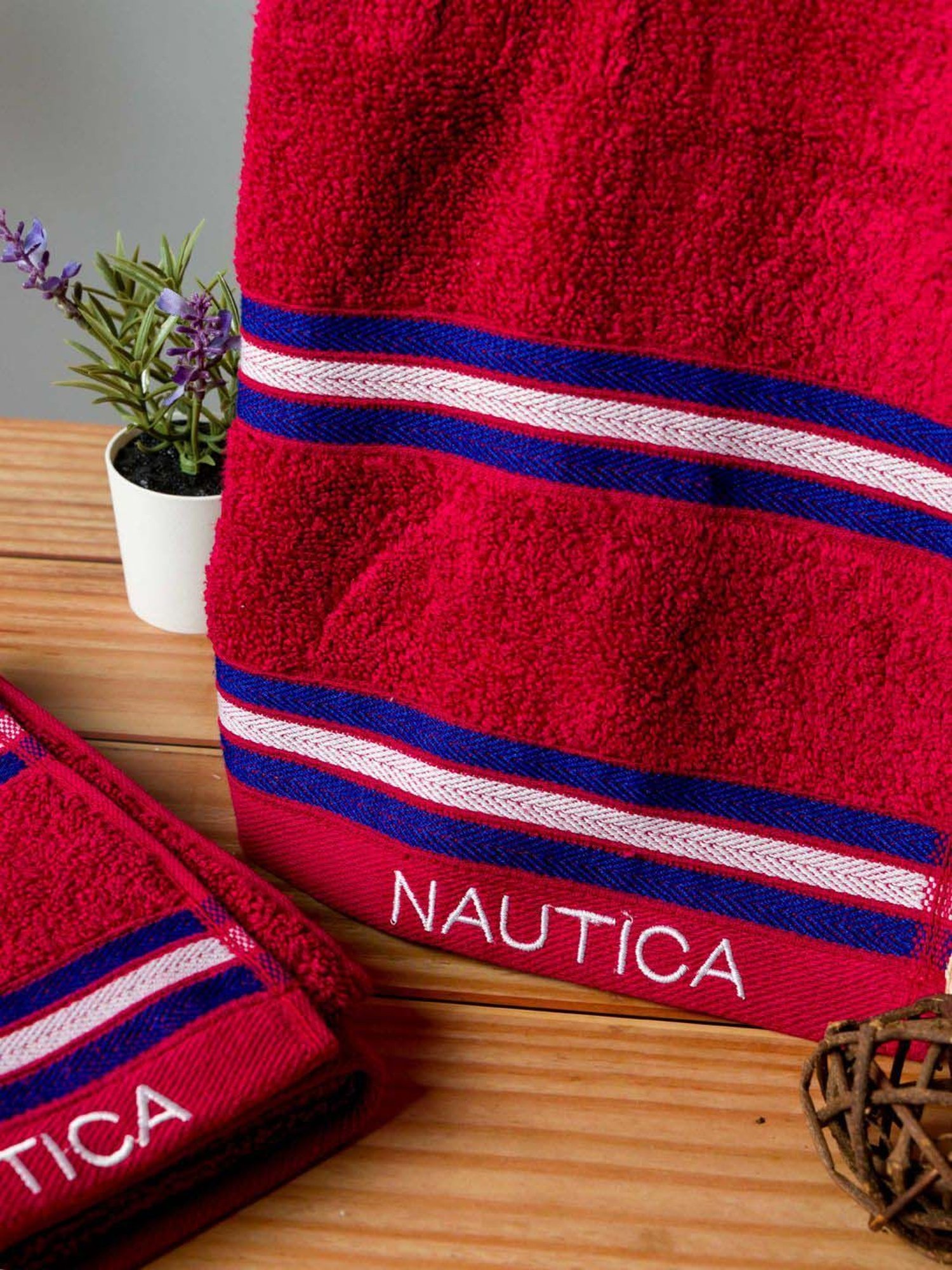 Nautica Vintage Crew Stripe Burgundy Cotton 500 GSM Super Soft Zero Twist Hand Towel - Set of 2