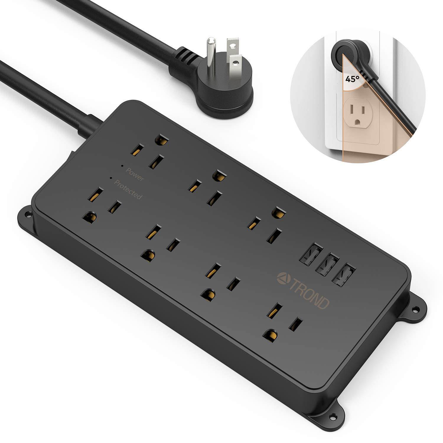 TROND Surge Protector Power Strip with 3 USB Ports, ETL Listed, 7 Widely-Spaced Outlets, Flat Plug, 1700 Joules, 5ft Extension Cord, Wall Mountable, Black