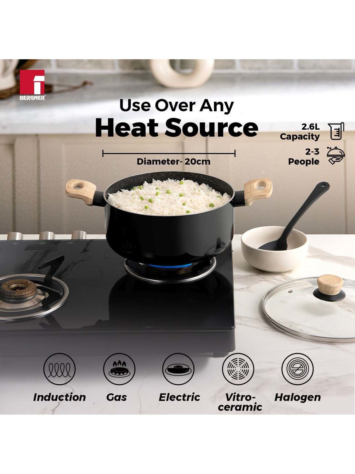 Bergner Bellini & Aura Black 20 cm Induction Cook And Serve Casserole With Wooden Finish Handle