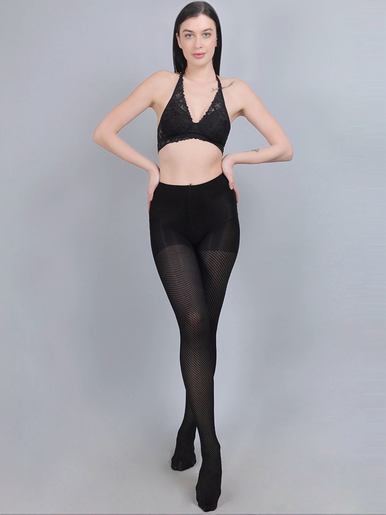 mod & shy Black Self Pattern Pantyhose Stockings