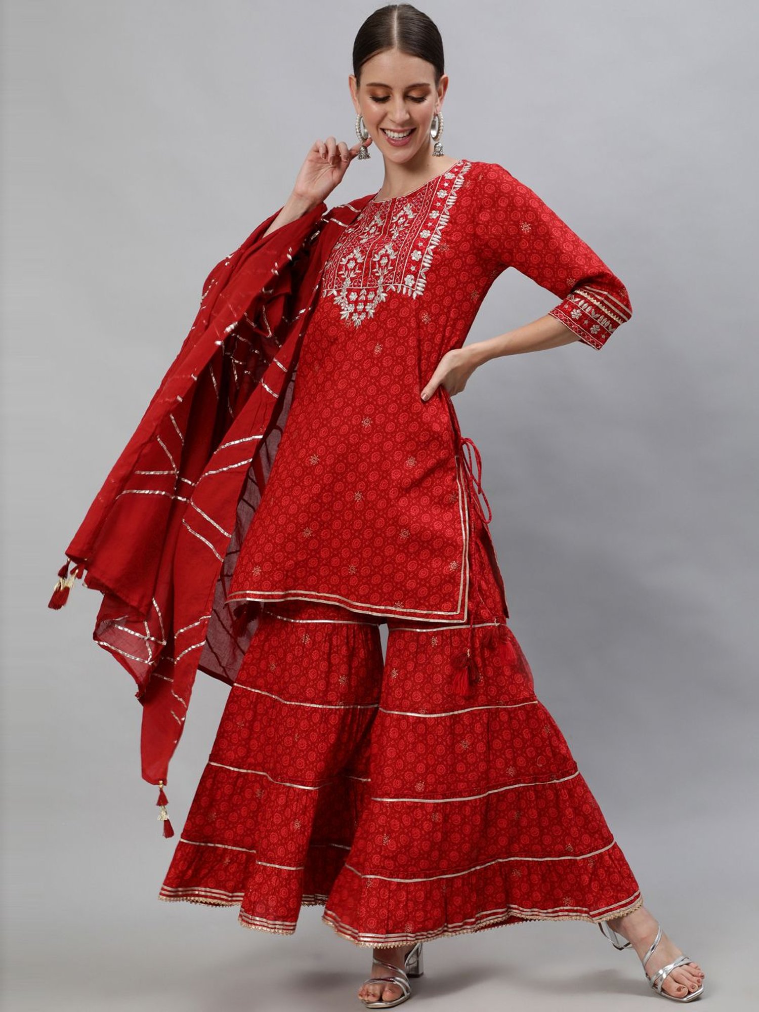 Ishin Maroon Embroidered Kurti Sharara Set With Dupatta