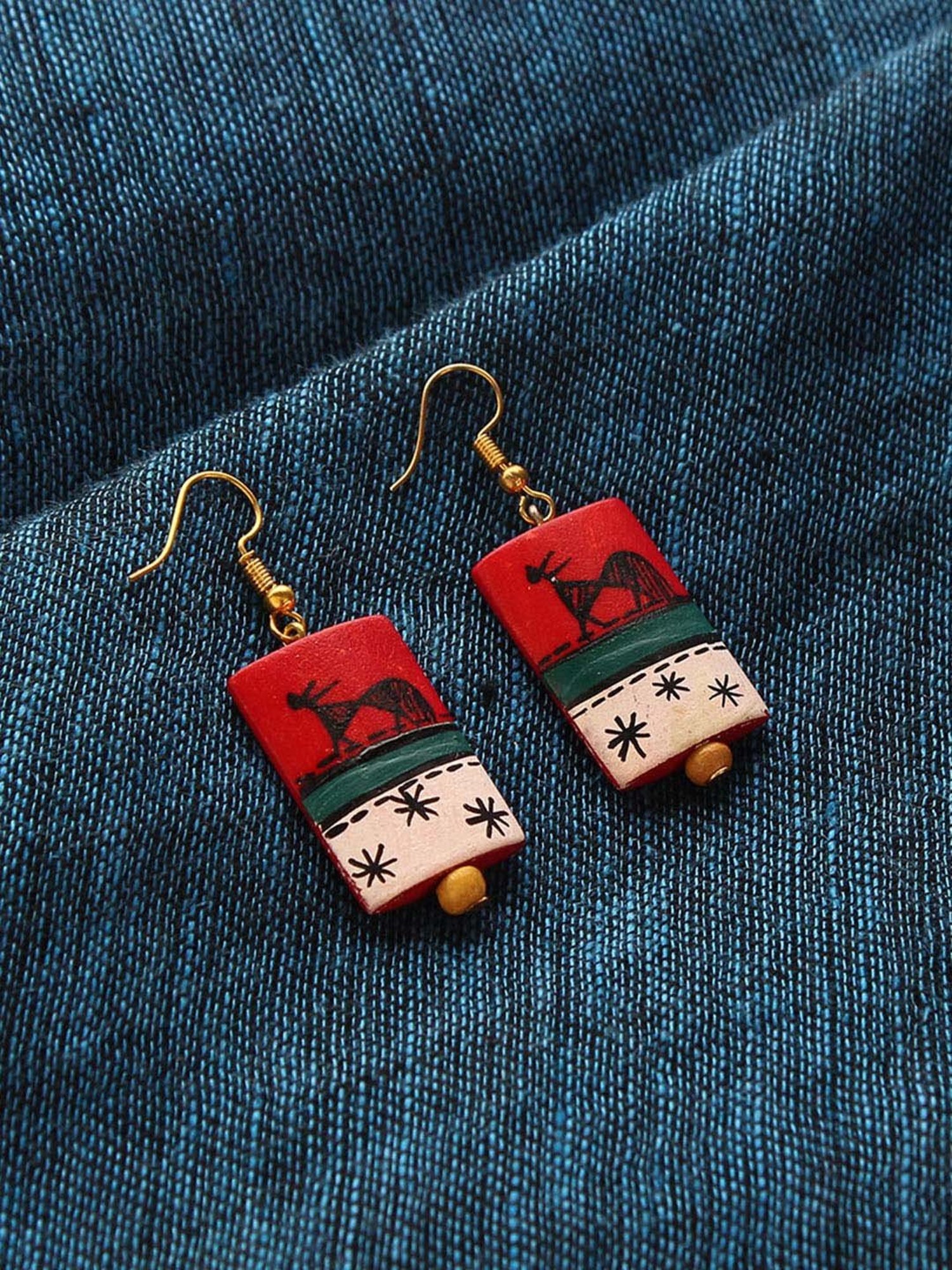 ExclusiveLane 'Tribal Warli Rectangles' Red & White Resin Handpainted Earrings in Warli Art