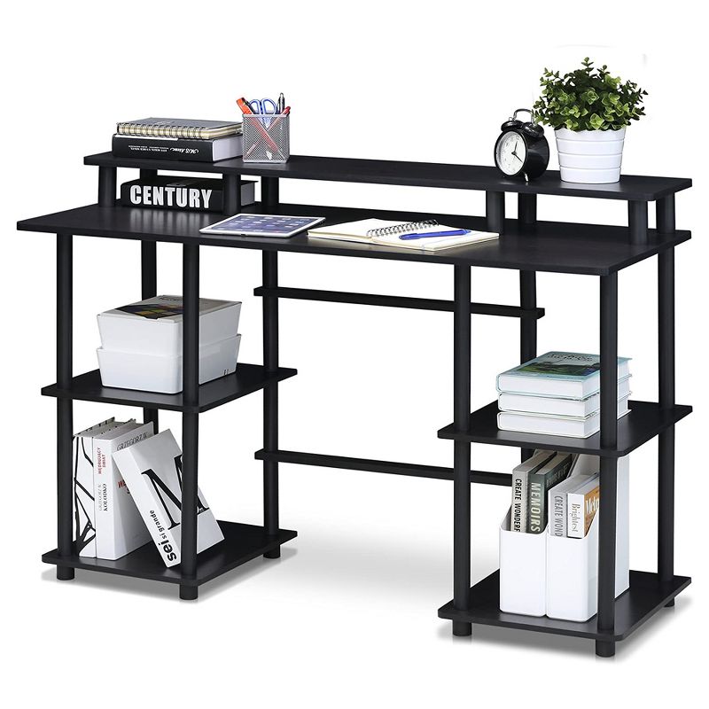 Furinno Turn-N-Tube Rectangular Home Office Computer Desk with Top Shelf for Monitors and 4 Organizational Storage Shelves, Espresso