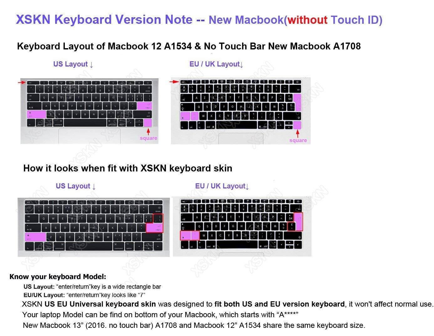 XSKN 2016/2017/2018+ Shortcut Design Series Keyboard Skin Cover for New Macbook 12 (2015 Model A1534) and New MacBook Pro 13 (2016 Newest Version Model A1708, No Touch Bar), US&EU Version (Premiere)
