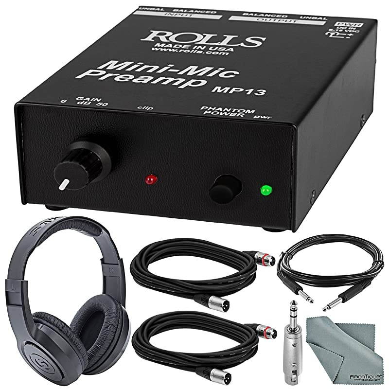 MP13 Mini Microphone Preamp and Accessory Bundle w/Headphones + Fibertique Cloth + More