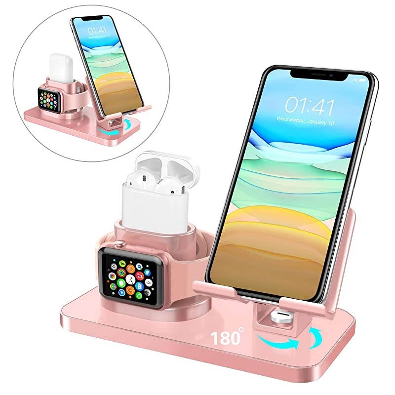 3 in 1 Charging Stand for Apple Watch Series 5432 Airpods 21 Compatible with iPhone 12 Pro 2020 11 SE XS MAX XR XS 8 7 6 6 Plus 5s iPad Tablet Stand Original Cable RequiredRose Gold