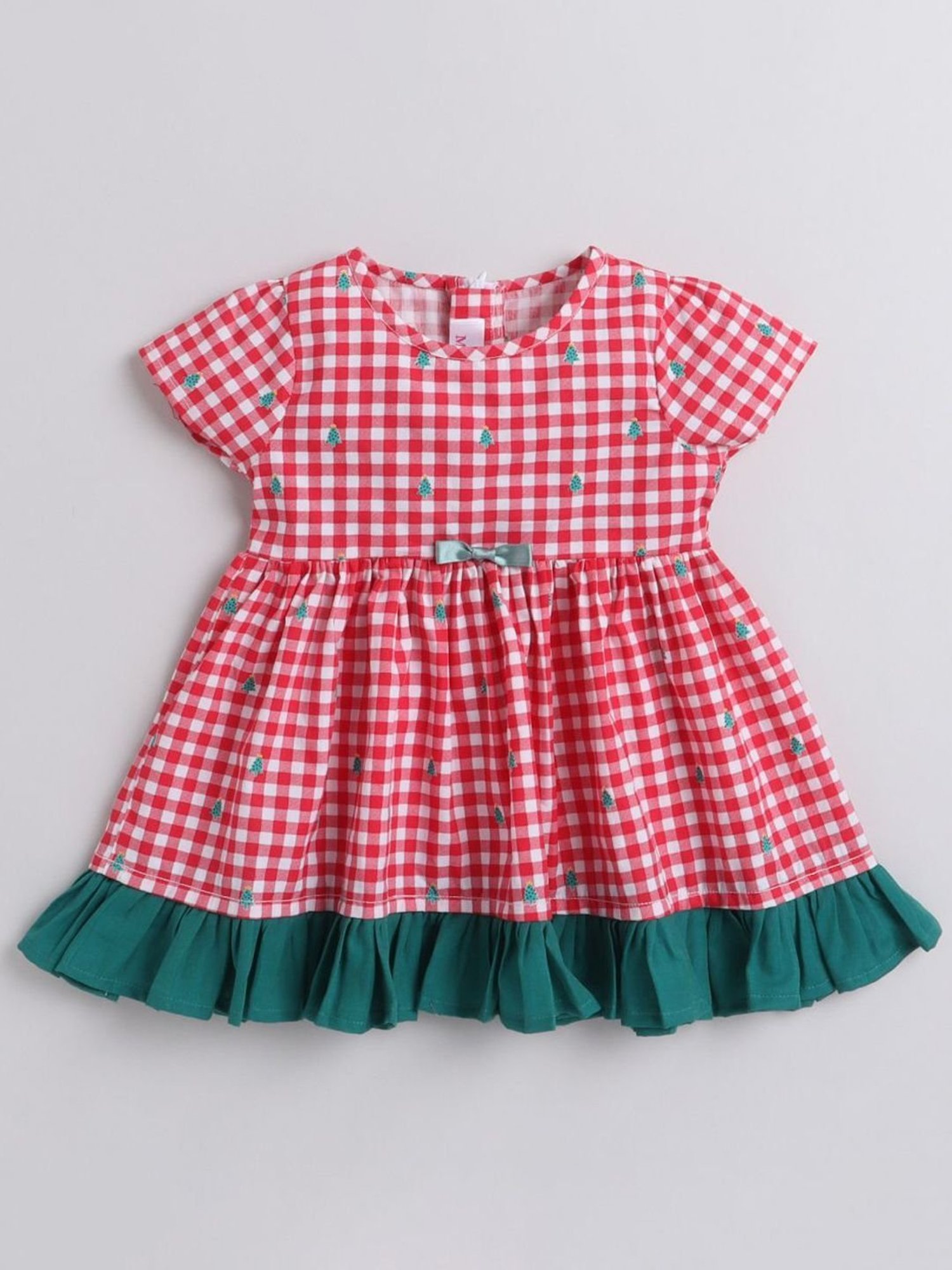Many Frocks Kids Red & White Cotton Chequered Christmas Tree Dress
