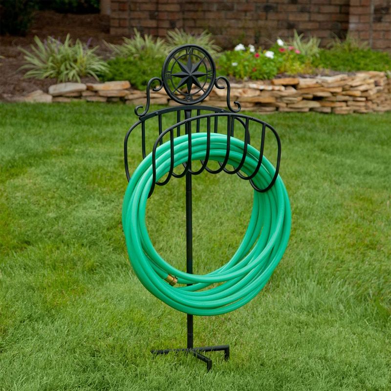 Liberty Garden Decorative Manger Style Water Hose Stand Holder Hanger with Compass Top for Backyard with Heavy Duty 3 Prong Anchor Support, Black