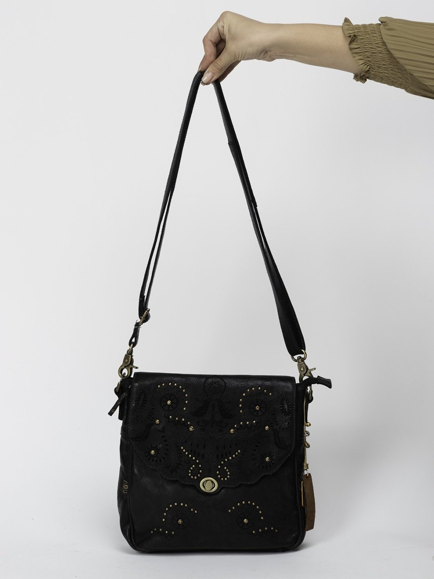 Art N Vintage Carob Black Leather Textured Small Sling Handbag