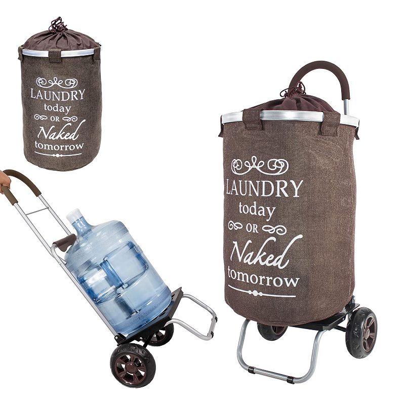 dbest products DBEST-01-563 Laundry Bag Clothes Hamper Basket Wagon Cart Trolley Dolly with Handle, Wheels, and Removable Liner, Brown