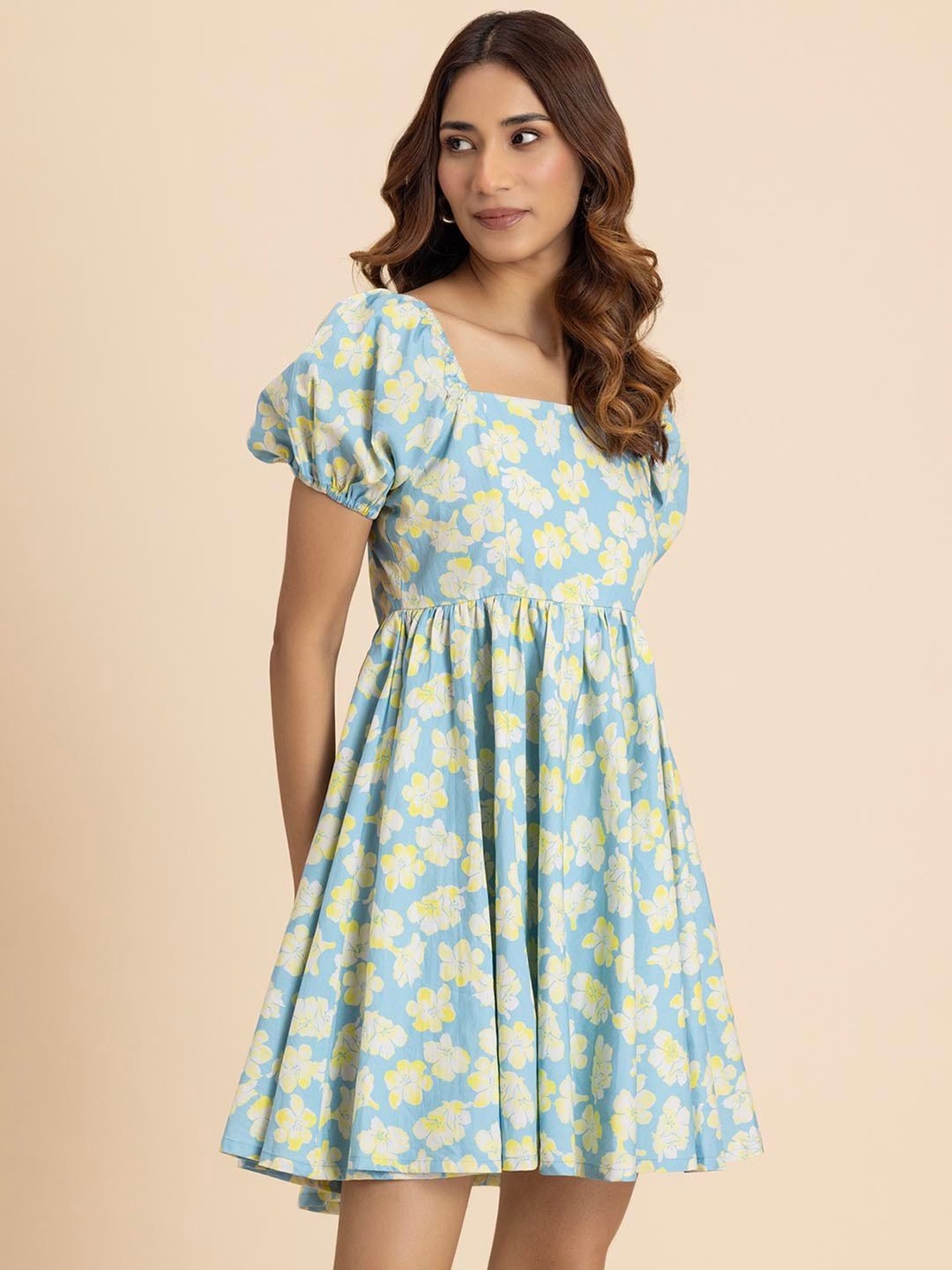 Moomaya Light Blue & Yellow Floral Print A Line Dress