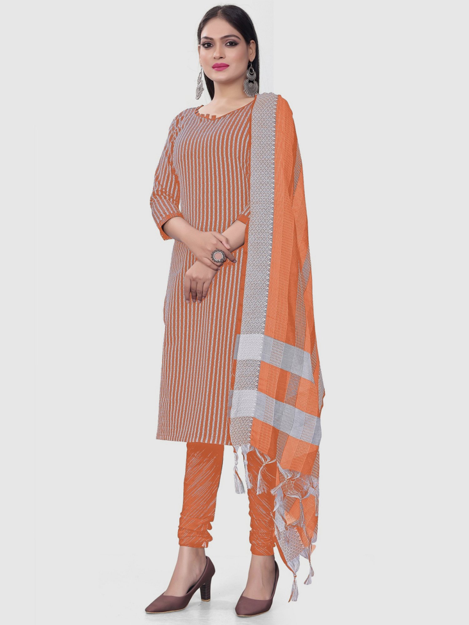 APNISHA Orange Cotton Striped Unstitched Dress Material