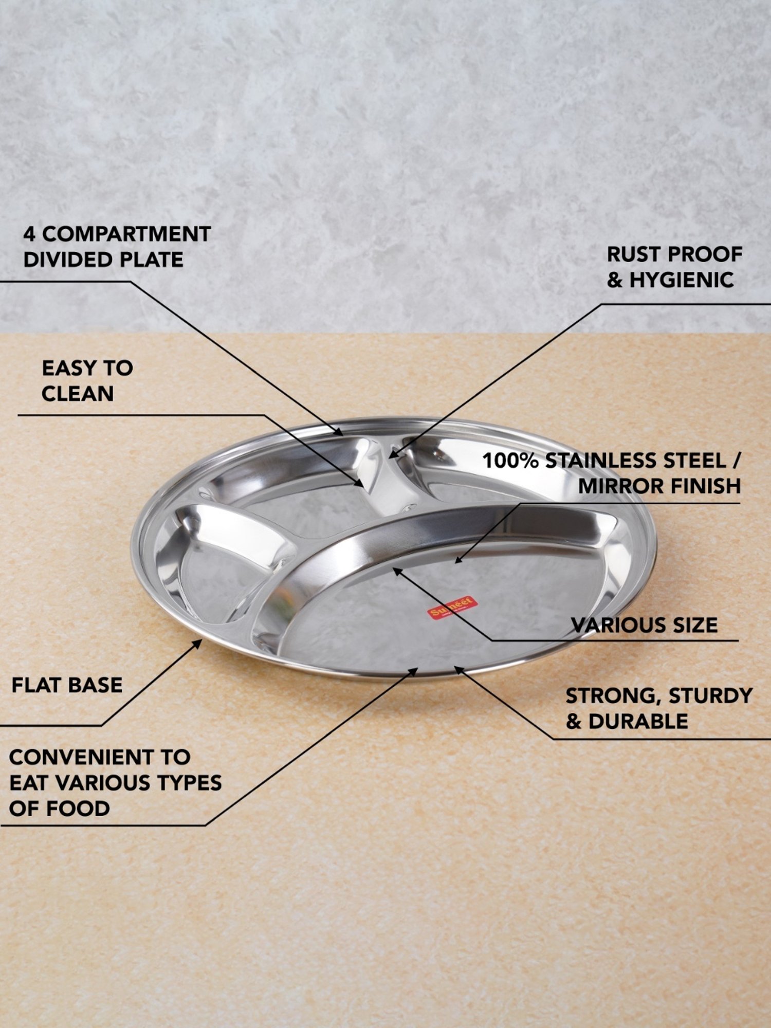 Sumeet Stainless Steel Round 4 in 1 Compartment Lunch / Dinner Plate 1Pc, 32.5cm Dia, Silver