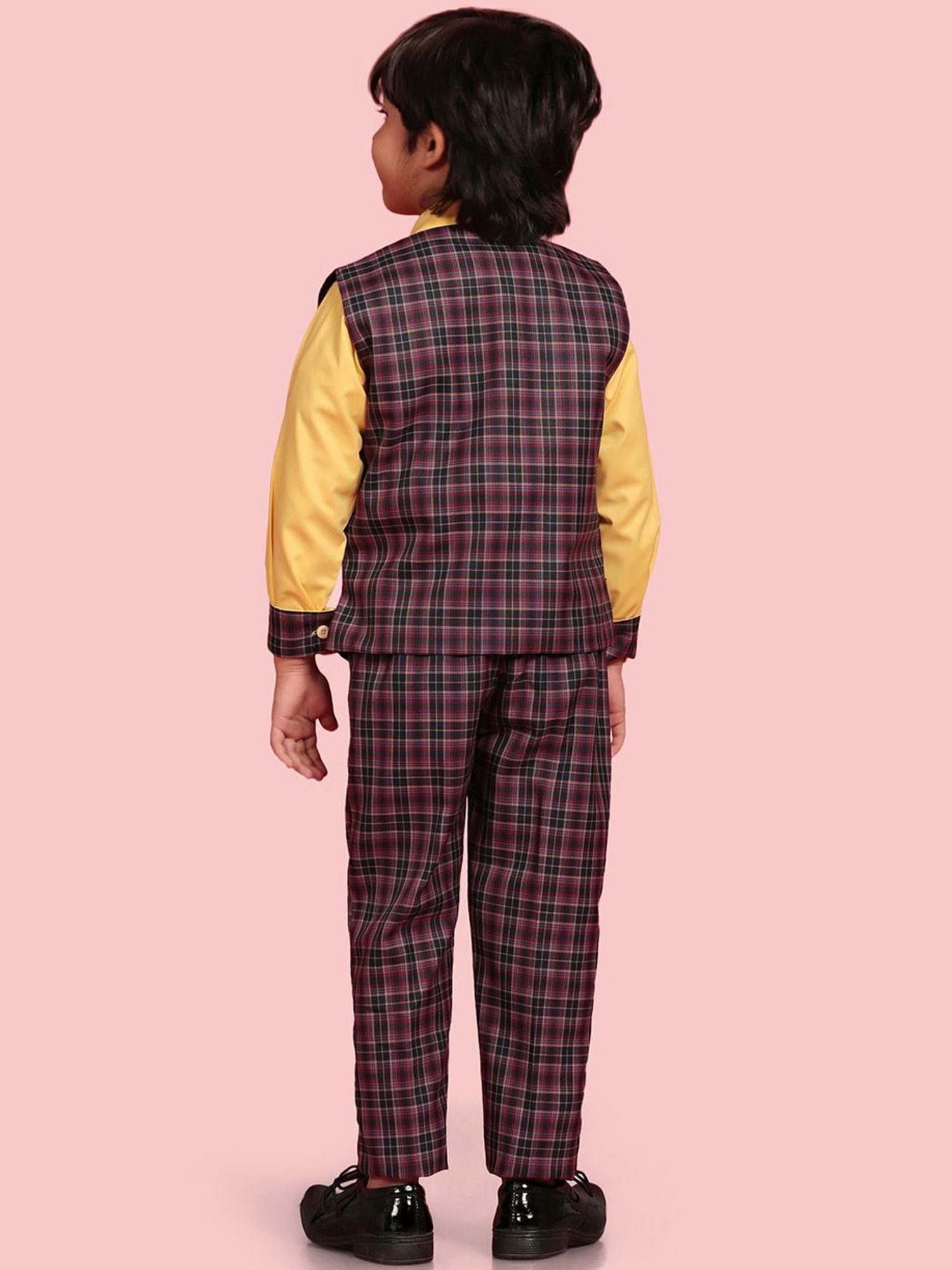 AJ Dezines Kids Purple & Yellow Chequered Full Sleeves Shirt Set