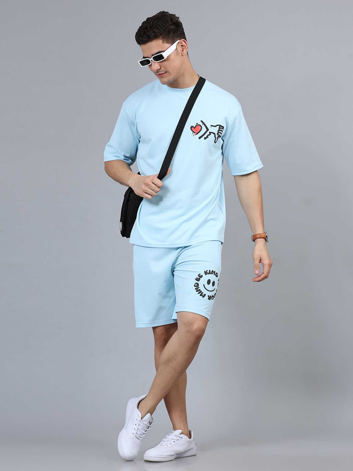 Bushirt Sky Blue Loose Fit Printed Cotton T-Shirt & Shorts Set