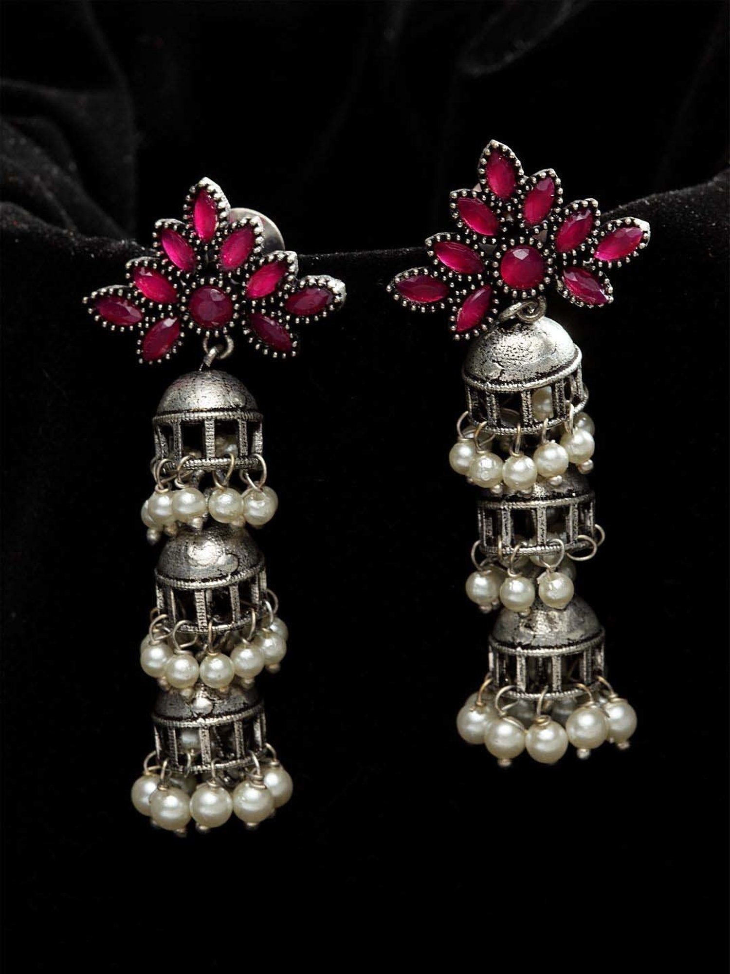 Panash Silver-Plated & Pink Oxidised Layered Jhumki Earrings