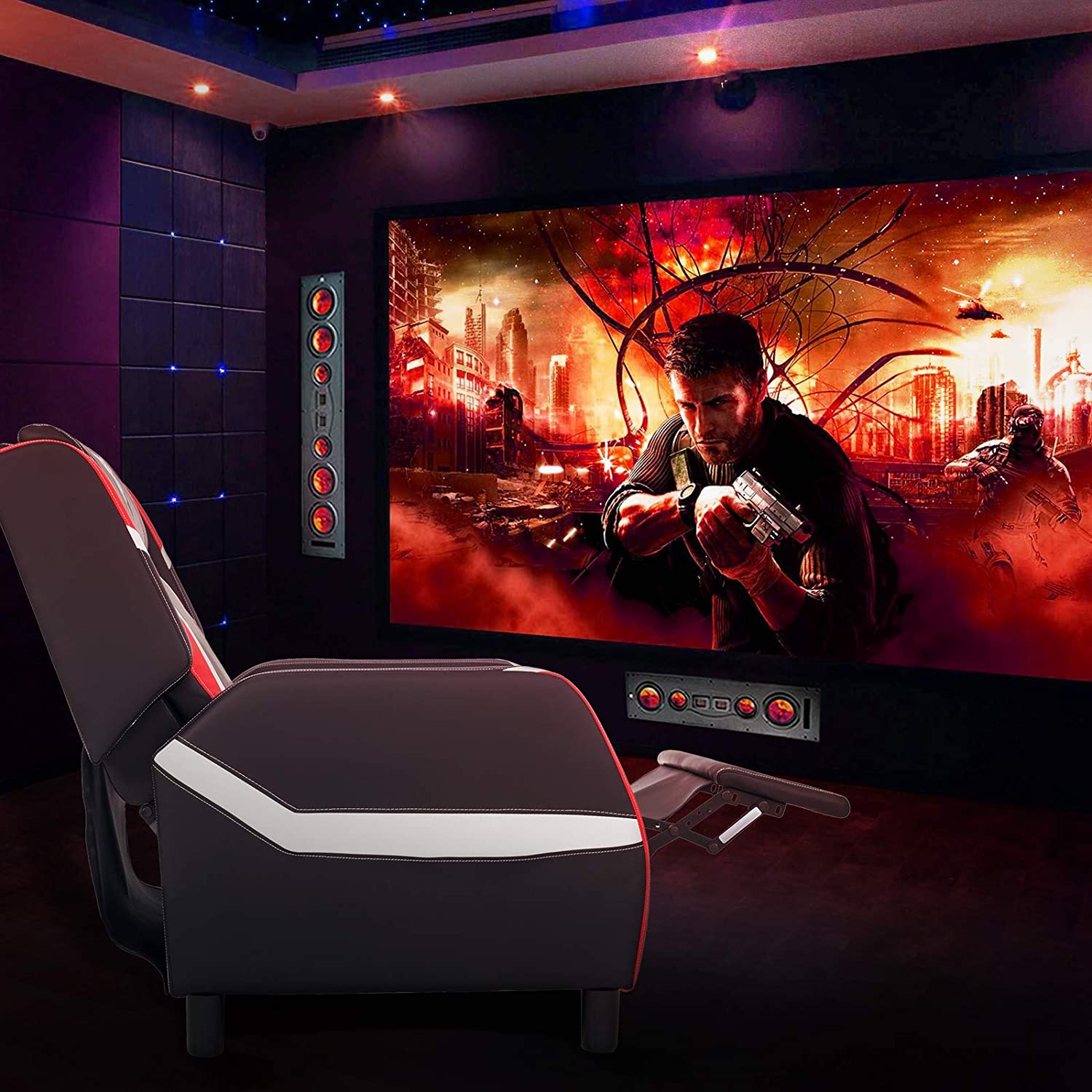 ELECWISH Massage Gaming Recliner Chair Racing Style Single Lounge Sofa PU Leather Reclining with Footrest and Massage Function Gaming Room Recliner Home Theater Seating(Black Blue White)