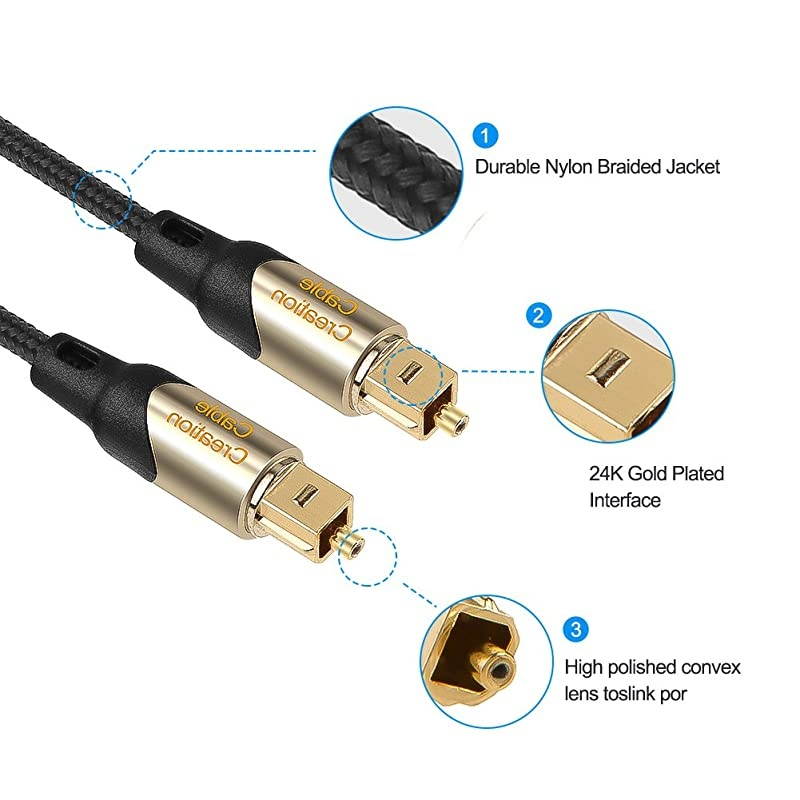 50 Feet Toslink Male to Toslink Male Digital Optical SPDIF Audio Cable Braided Fiber Cable with Metal Connectors Black Gold 152 Meters