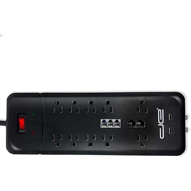 25FT Heavy Duty 10Outlet 3500 Joules Surge Protector Power Strip 25 Foot Long Extension Cord Two USB Charging Ports Coaxial Phone Protection ETL Listed 15 AMP Black