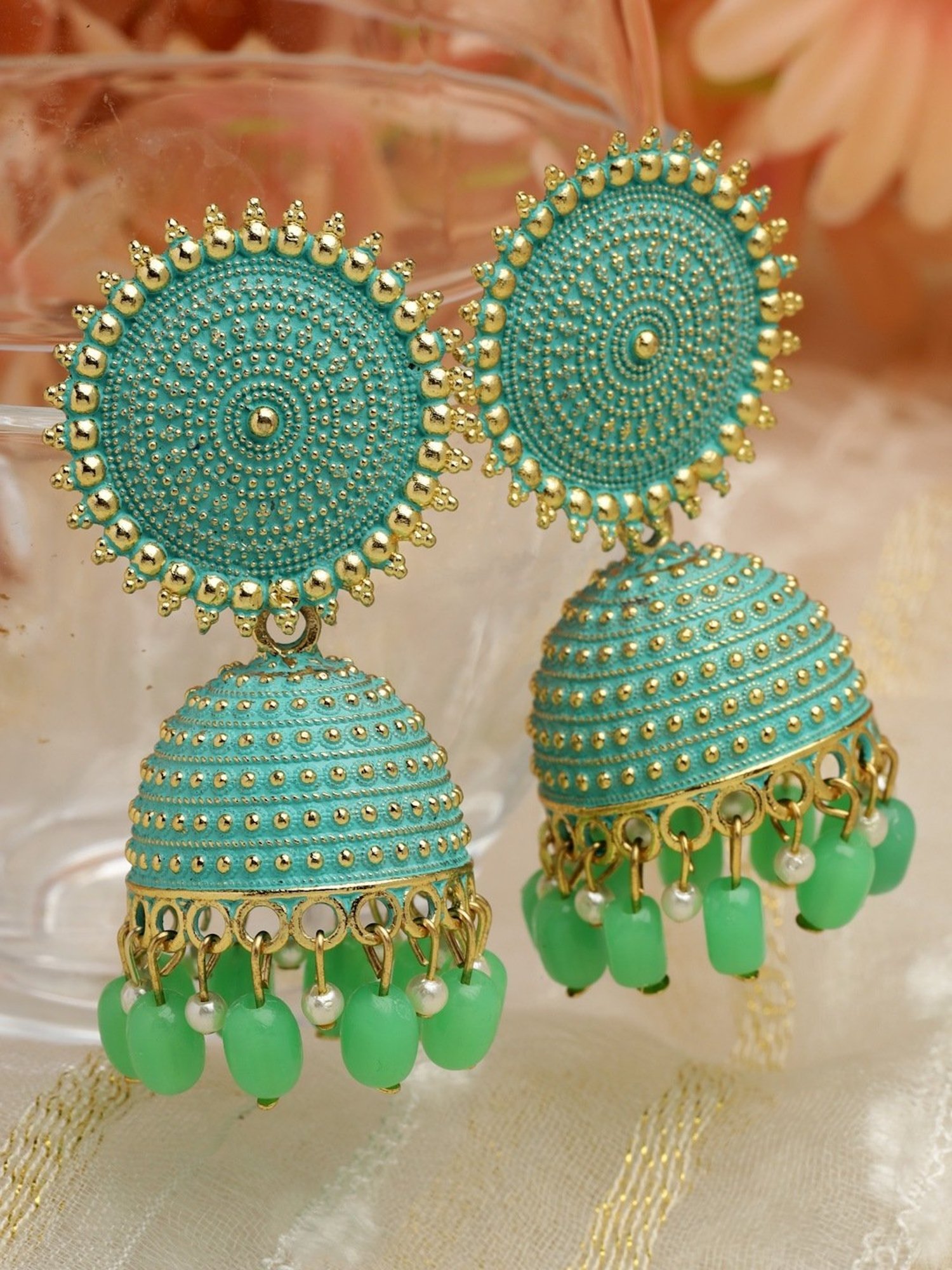 Moedbuille Handcrafted Meenakari Tasselled Floral Design Gold-Plated Antique Jhumki Earrings