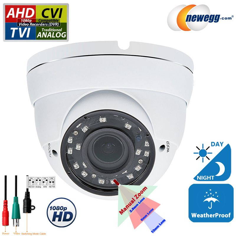 EVERTECH 1080p HD Security CCTV Camera 4-in-1 TVI/AHD/CVI/Analog (960H/CVBS) Day Night Vision Outdoor Indoor Weatherproof Wide Angle Manual Zoom CCTV Security Surveillance Camera (White Metal Casing)