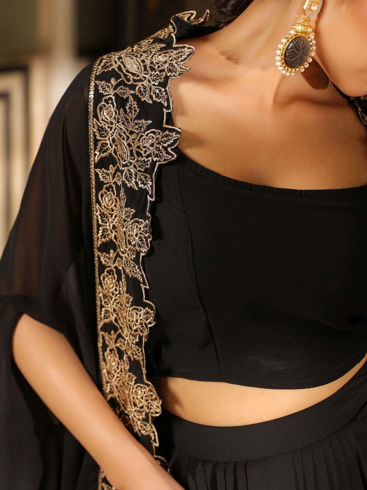 Janasya Black Embroidered Crop Top Skirt Set With Cape