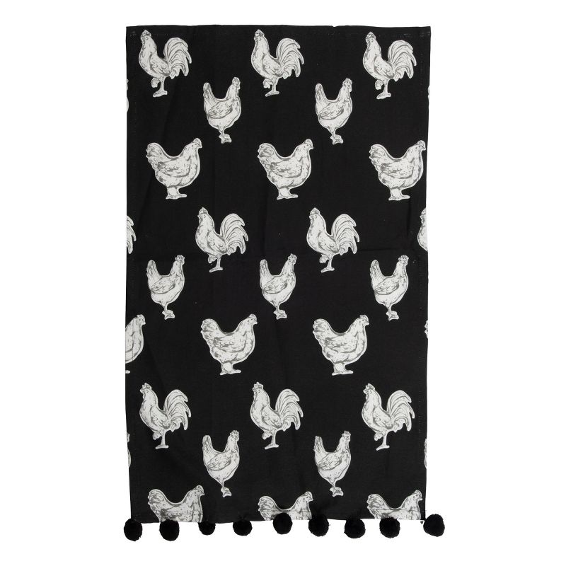 Chicken Pattern 27 x 18 Inch Woven Kitchen Tea Towel with Hand Sewn Pom Poms - Foreside Home & Garden