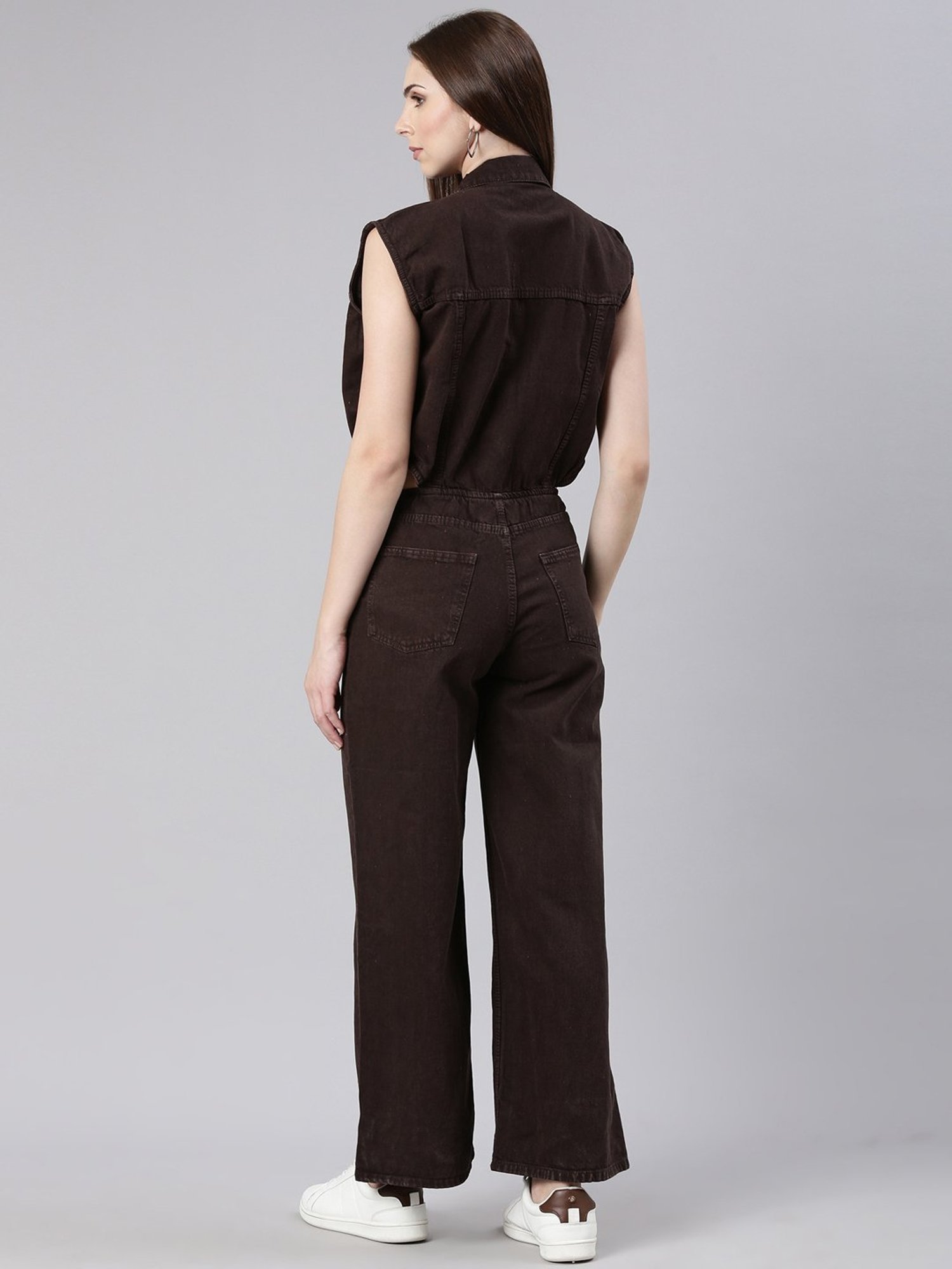 SHOWOFF Brown Denim Maxi Jumpsuit