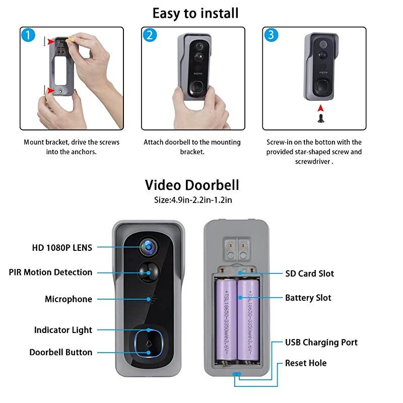 Doorbell Camera Video Doorbell Waterproof1080P HD32GB Micro SD CardNight VisionTwoWay Audio160&deg;Wide AngelPIR Motion Detection for iOS amp Android  J1
