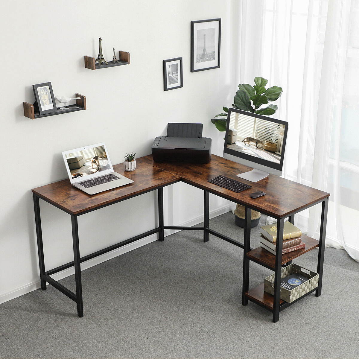 54.3" Industrial Rustic L Shaped Computer Desk with Shelves Home Office Gaming Table