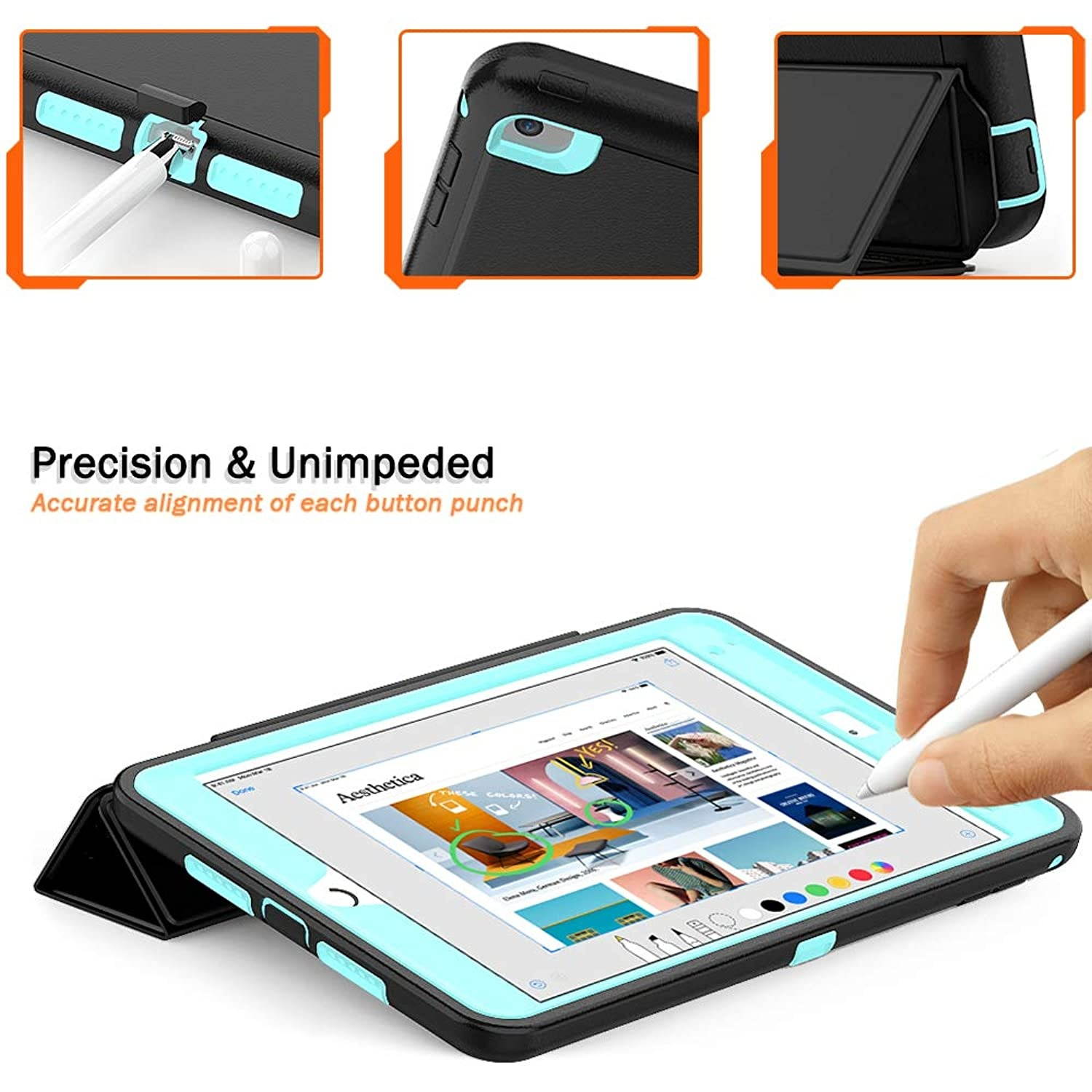 DUNNO iPad Mini 5th gen Case - Full-Body Three Layer Shockproof Folio Protective Case Whit Auto Sleep/Wake Up Stand & Pencil Holder for iPad Mini 5 / iPad Mini 4 (Black/Light Blue)