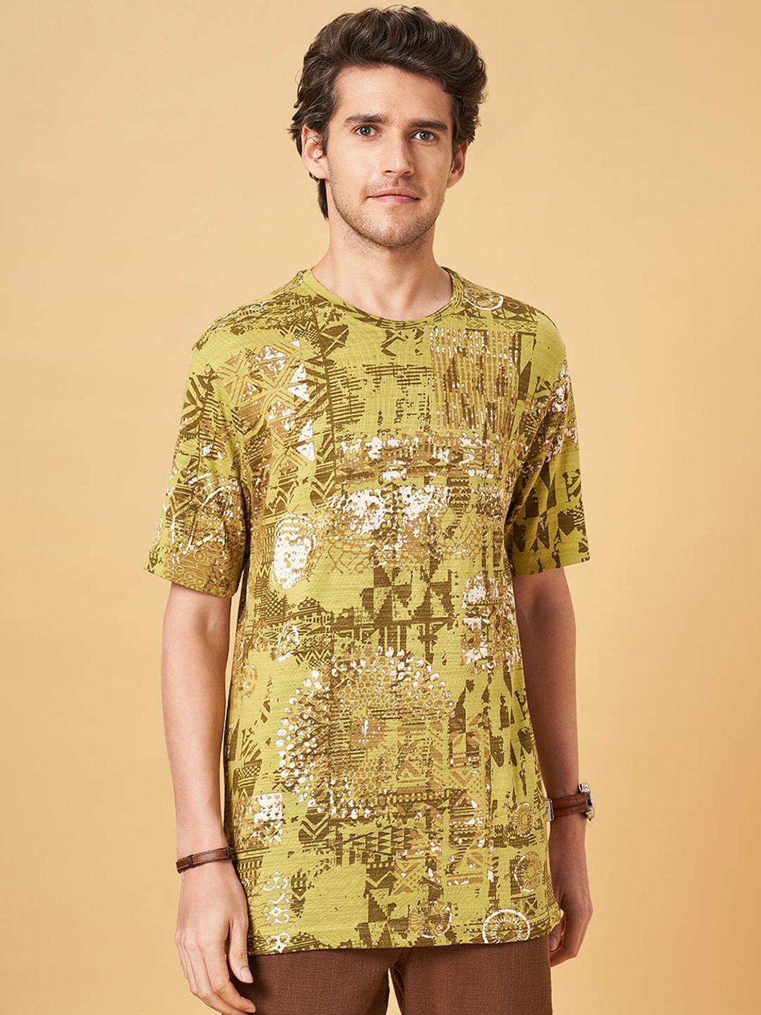 7 Alt by Pantaloons Olive Green Cotton Regular Fit Printed T-Shirt