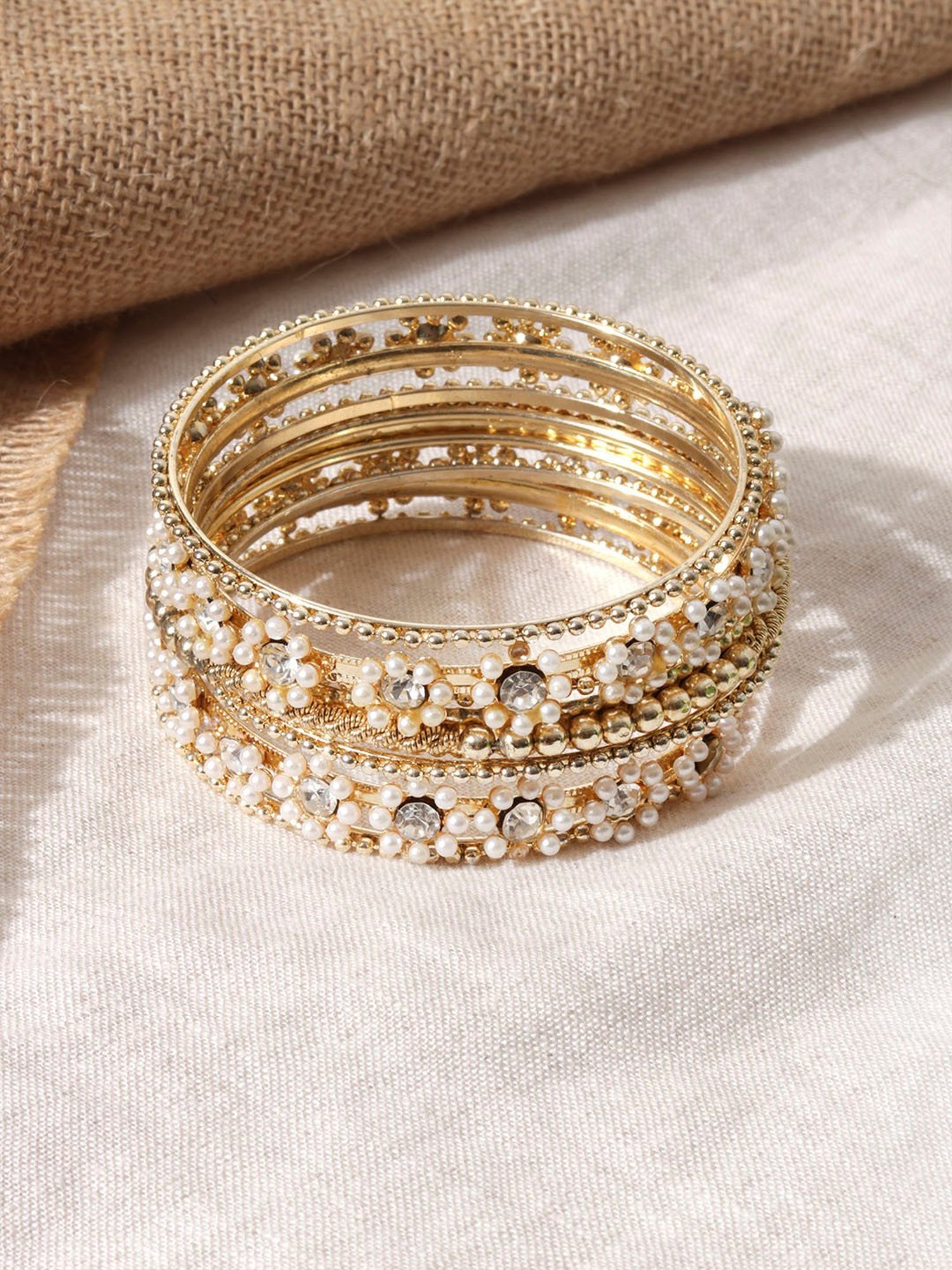 Fida Gold-Plated White Stone-studded & Beaded Bangle for Women - Set of 9
