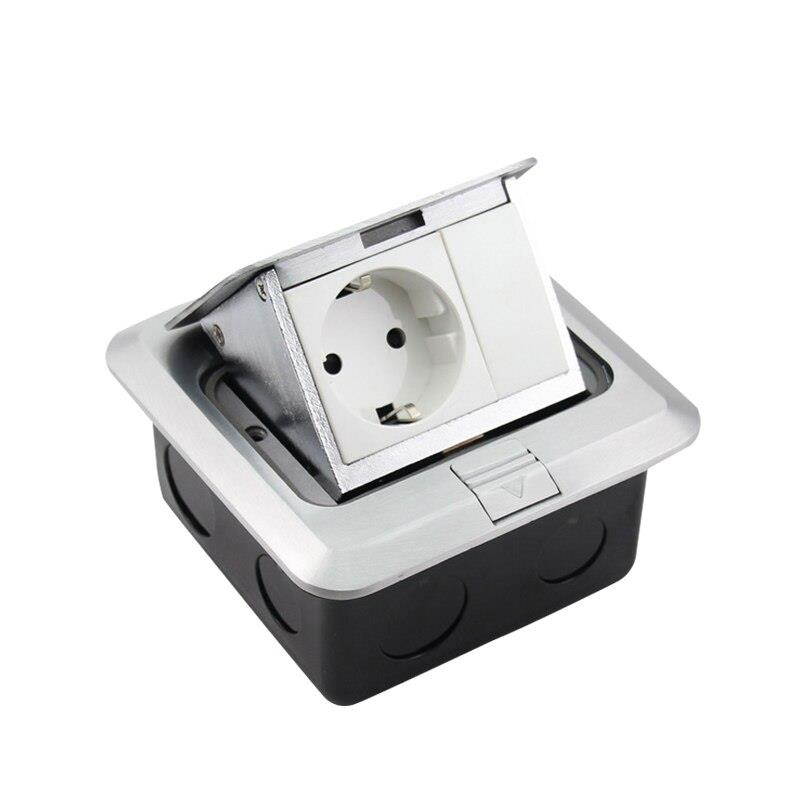 All Aluminum Silver Panel EU Standard Pop Up Floor Socket Electrical Outlet With Internet Computer Port 120*120mm