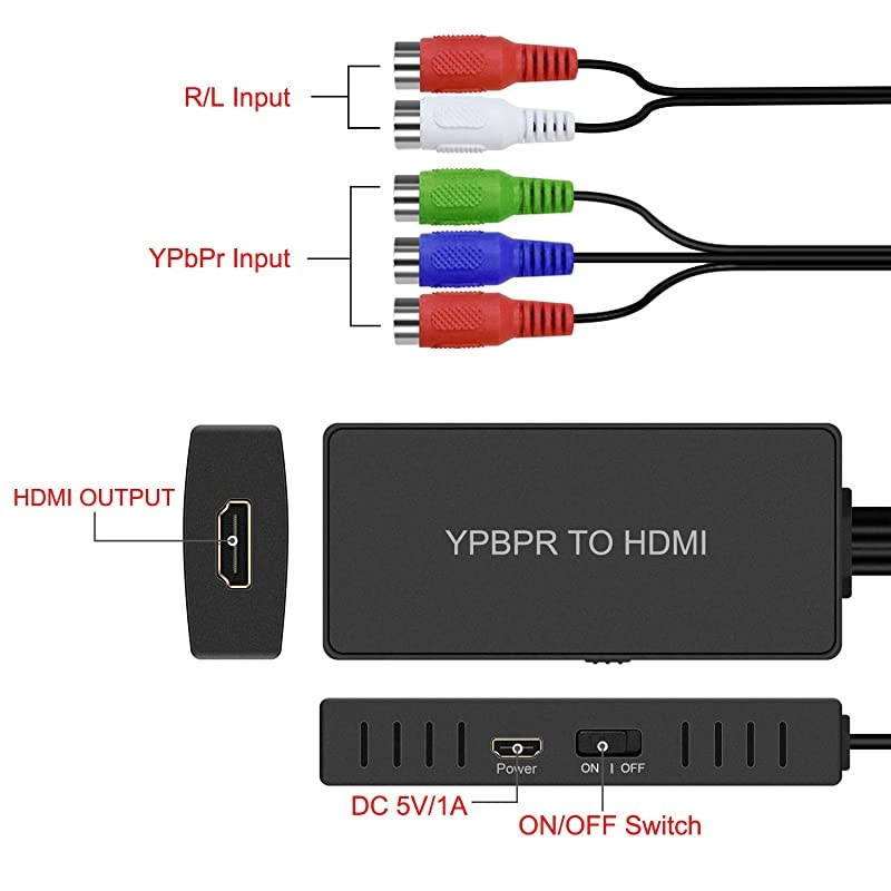 to HDMI Converter YPbPr to HDMI Converter Support 480i 720P 1080P for HD TV DVD Player Bluray Player Wii PS2PS3 Xbox 360 Original Xboxand More 5RCA to HDMI Converter