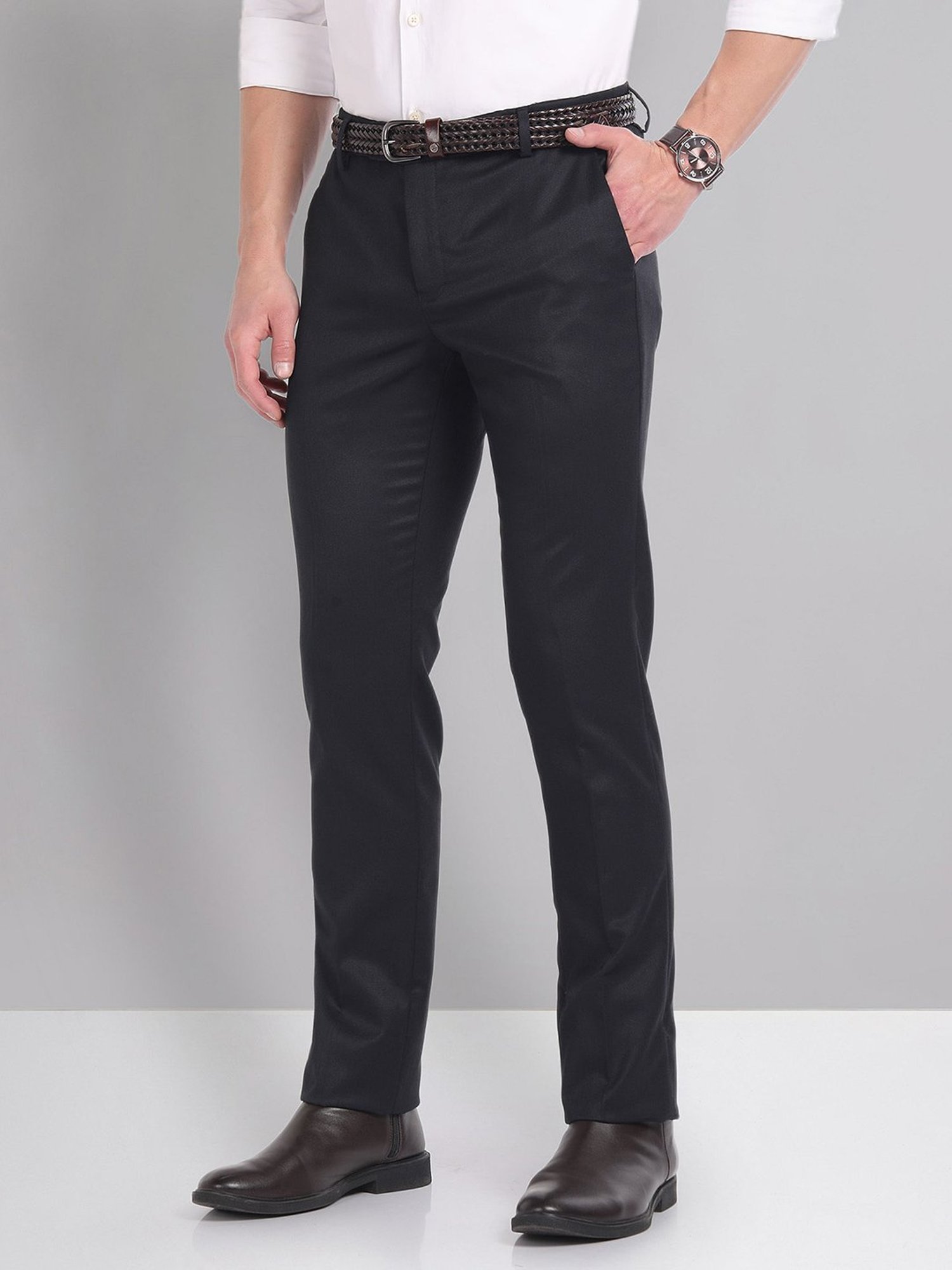 AD by Arvind Dark Blue Slim Fit Flat Front Trousers
