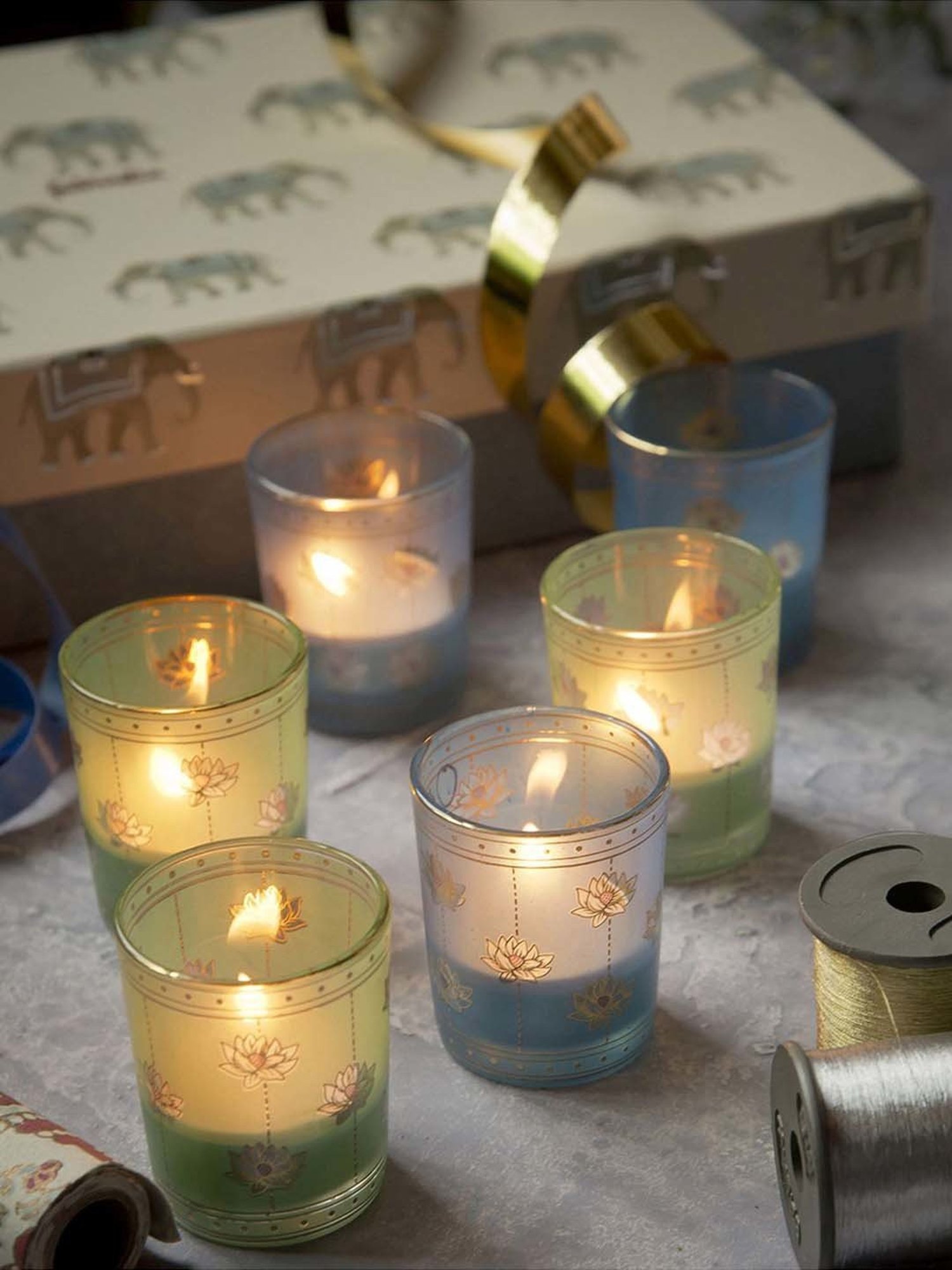 Fabindia Home Nalina Green & Blue Glass T-Lite Holder Gift Set