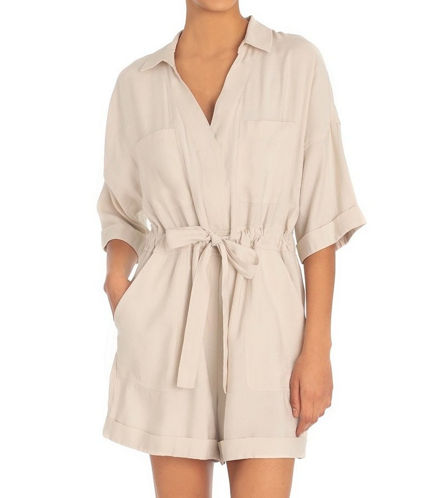 Maggy London Drawstring Waist Short Sleeve Crinkle Romper