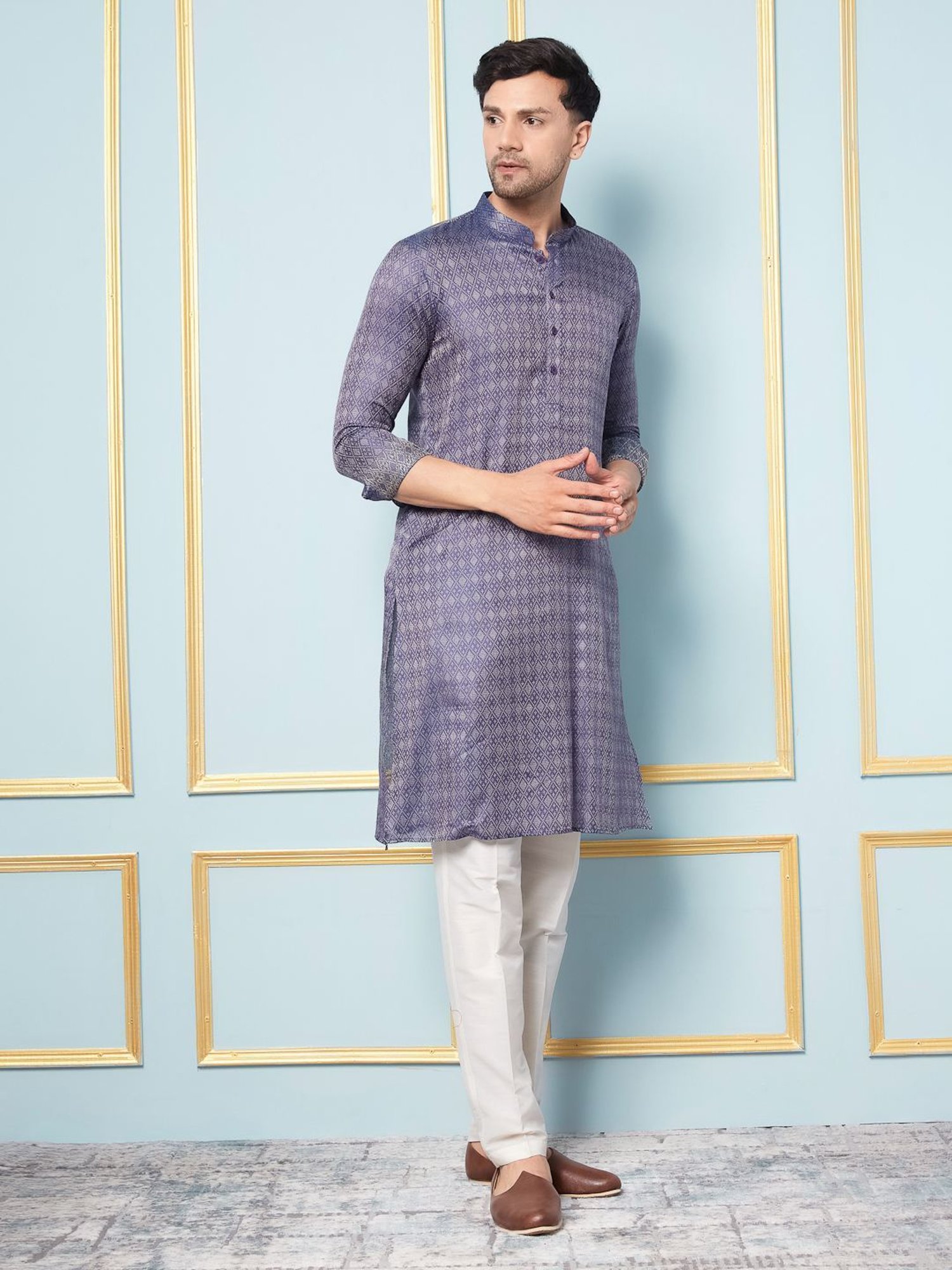 See Designs Navy Blue & White Regular Fit Self Pattern Kurta Bottom Set