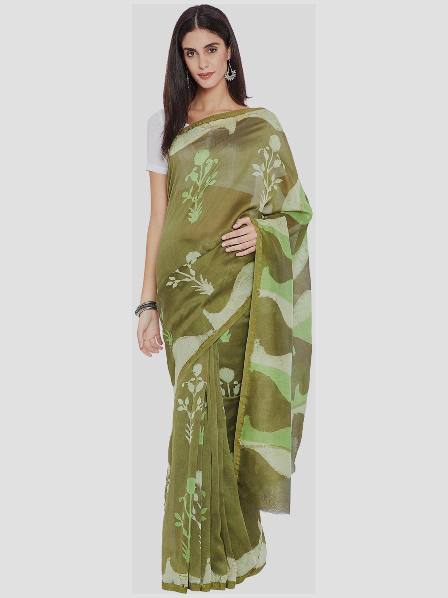 Kalakari India Green Printed Saree With Unstitched Blouse