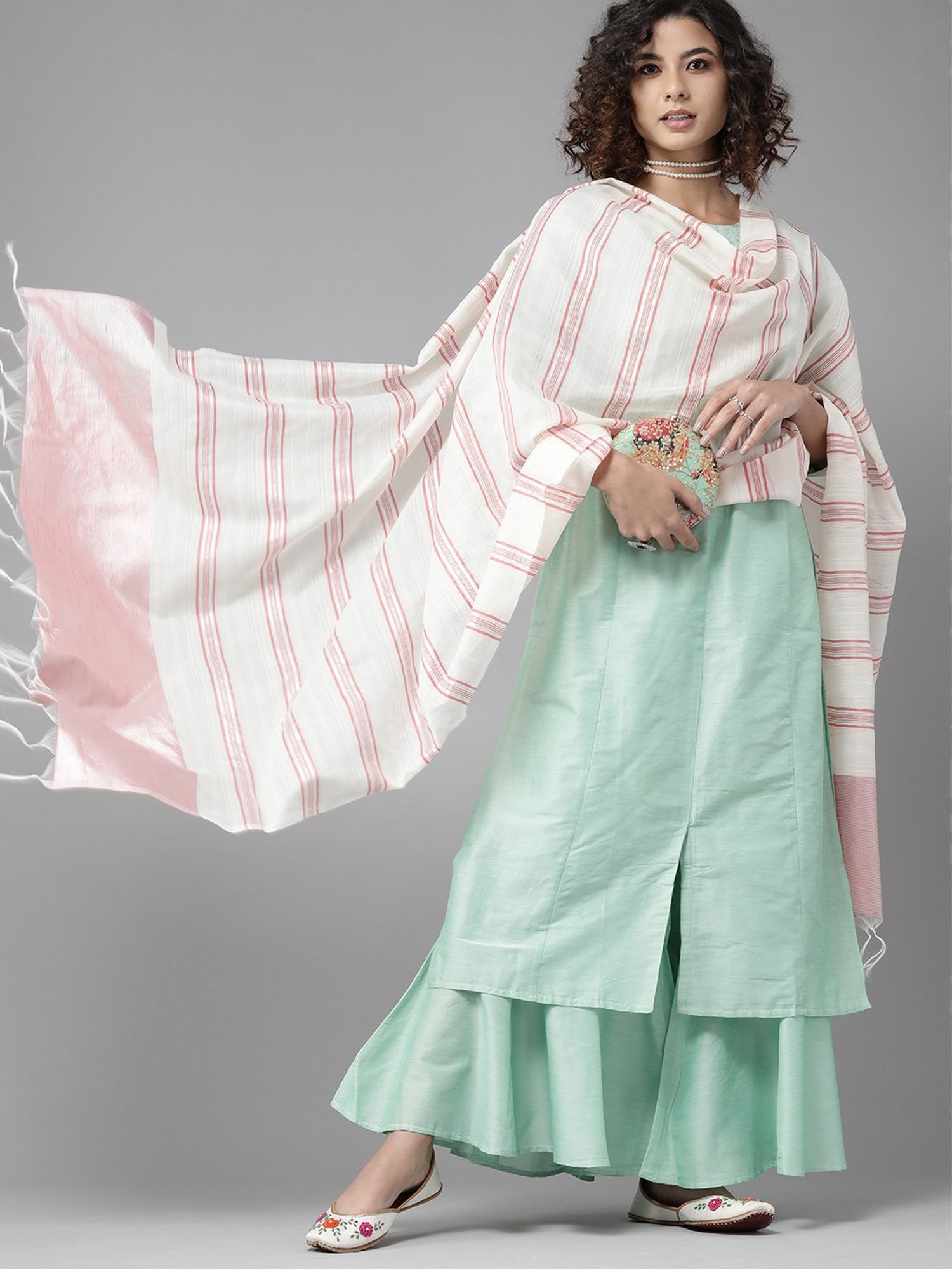 Indo Era Beige & Coral Dupatta