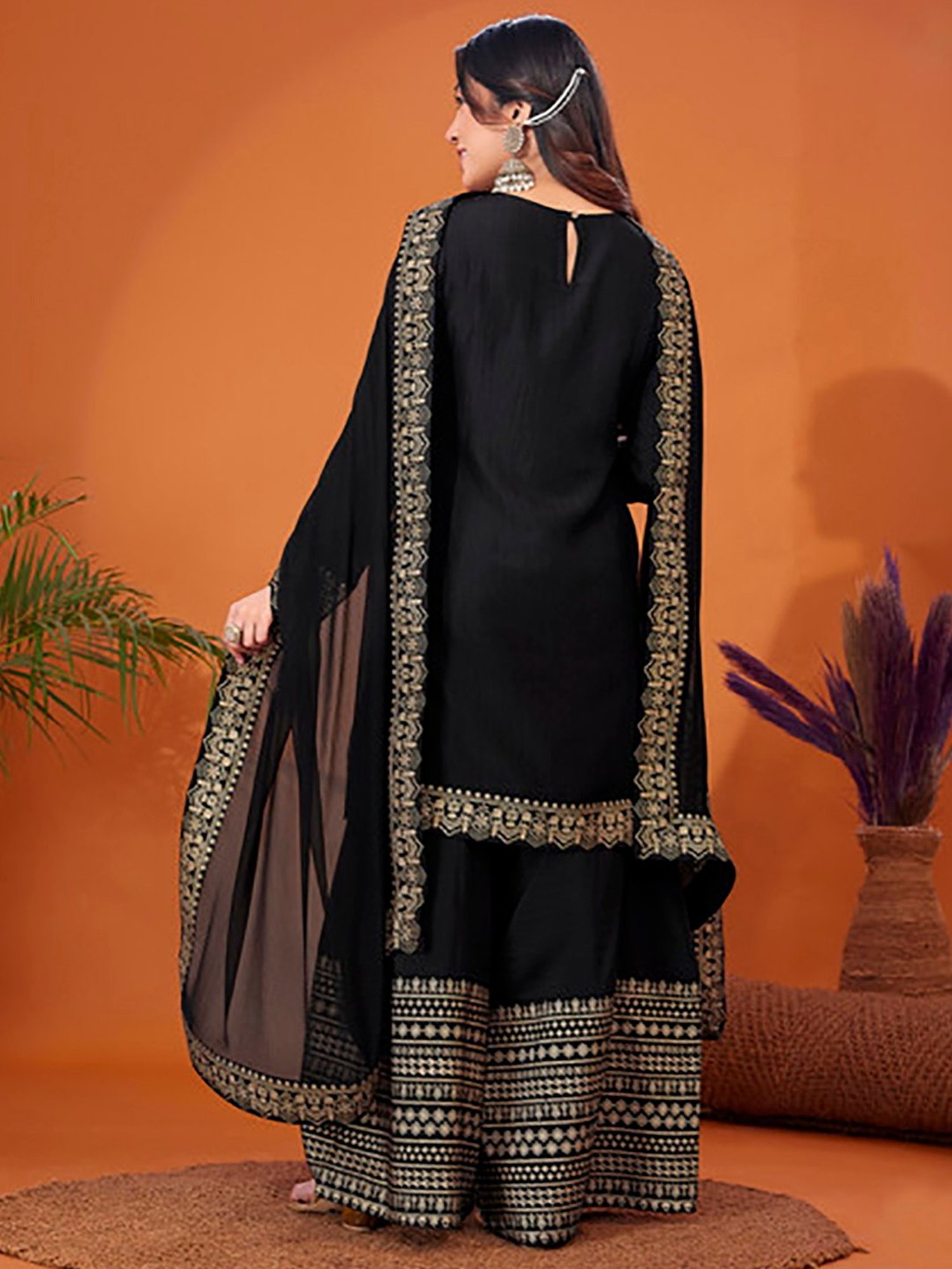 Skylee Black Printed Kurta With Palazzo & Dupatta