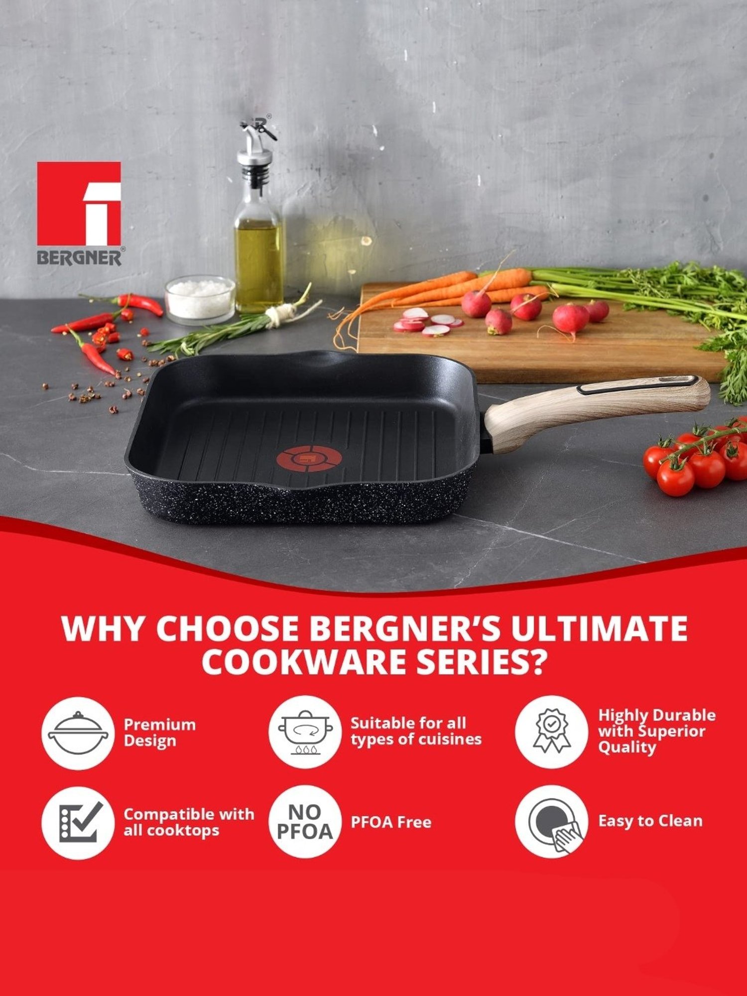 Bergner Grey Non-Stick Marble Induction Base Grillpan - 28cm