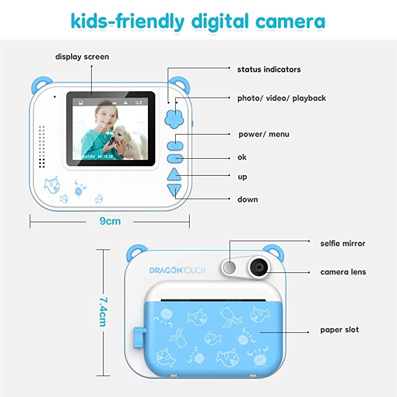 InstantFun Instant Print Camera for Kids Zero Ink Toy Camera with Print Paper Cartoon Sticker Color Pencils Portable Digital Creative Print Camera for Boys and Girls Blue