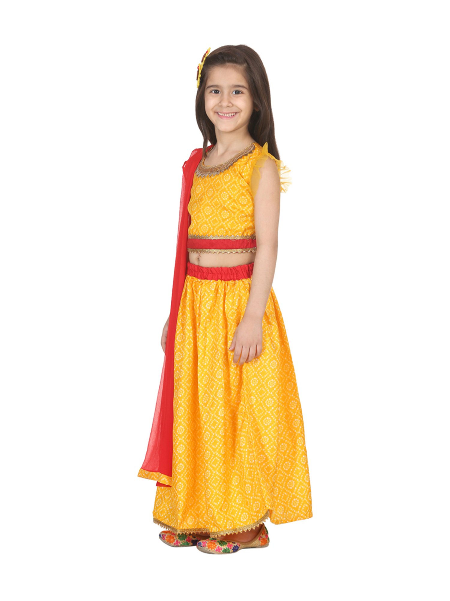 BownBee Kids Yellow Printed Lehenga Choli With Dupatta