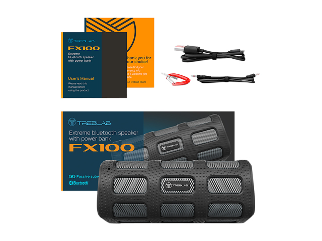 TREBLAB FX100 - Extreme Bluetooth Speaker - Loud, Rugged for Outdoors, Shockproof, Waterproof IPX4, Built-In 7000mAh Power Bank, HD Audio w/ Deep Bass, Portable Wireless Blue Tooth Microphone Mic