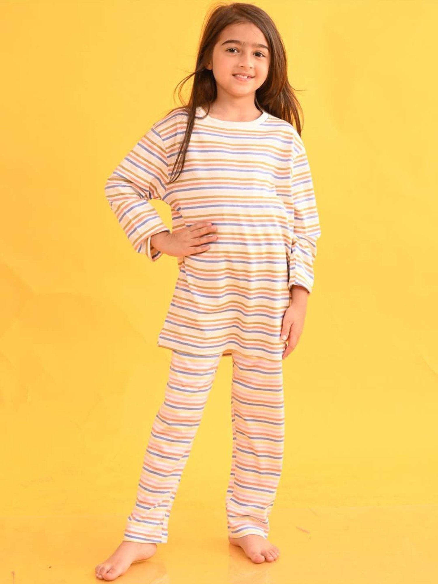 Anthrilo Kids Beige Cotton Striped Full Sleeves T-Shirt & Trouser