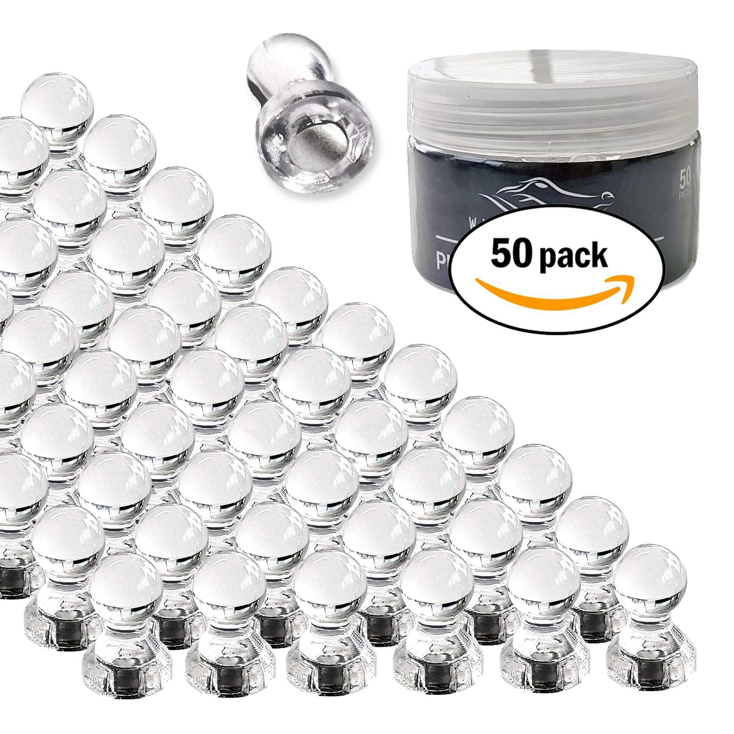 Magnetic Push Pins by White Kaiman 50 Pack Push Pin Magnets for Whiteboard, Refrigerator Magnets, Calendar Magnets, Locker, or Map Multi Use Thumbtacks Magnet Pins (Clear)